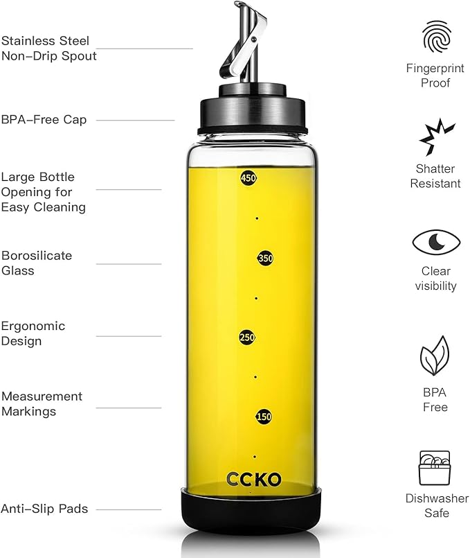 Glass Olive Oil Dispenser Bottle with Stainless Steel Spouts - Shatterproof 350ml Cooking Oil & Vinegar Cruet Bottle - Carafe for Kitchen