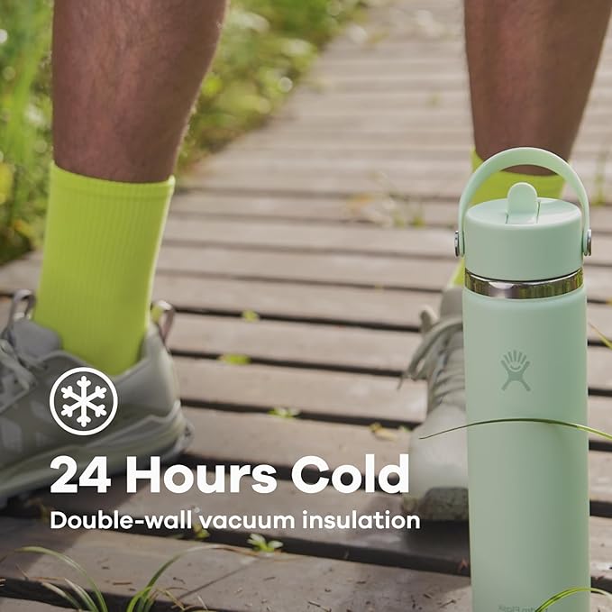 Hydro Flask Water Bottle - Insulated Stainless Steel - Wide Mouth Flex Straw Lid, Non Spill, Leakproof and Refillable in 24 Oz Surf Blue