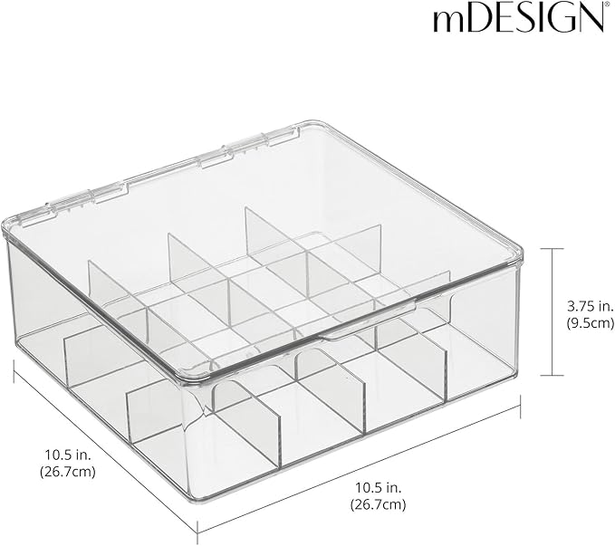mDesign Plastic Kitchen Organiser — Practical Storage Box with 12 Compartments and Hinged Lid — Pantry Storage Box with Lid for Tea, Coffee, Spices and Other Foodstuffs — Clear