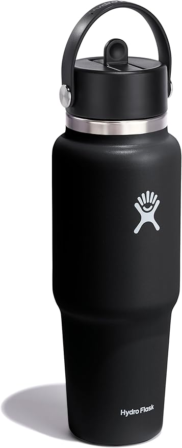 Hydro Flask Travel Water Bottle - Insulated Stainless Steel - Wide Straw Lid, Non Spill, Leakproof in 32 Oz Black