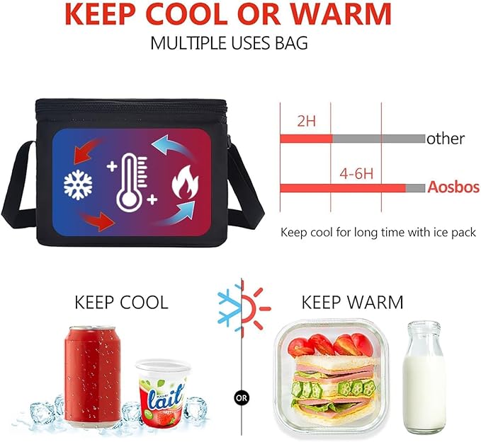 Aosbos Insulated Lunch Box for Men Women Leakproof Cooler Bag Reusable Lunch Tote Bag Adult Lunch Pail Thermal Lunch Boxes Bento Lunch Box Bag 7.5L Black