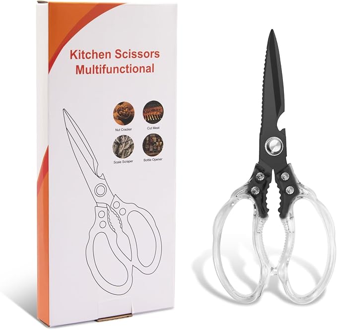 CGBE Kitchen Scissors, Multi-Purpose Kitchen Shears, Heavy Duty Dishwasher Safe Food Scissors for Chicken, Poultry, Fish, Meat & Herbs with Non-Slip Grips (Transparent Black)