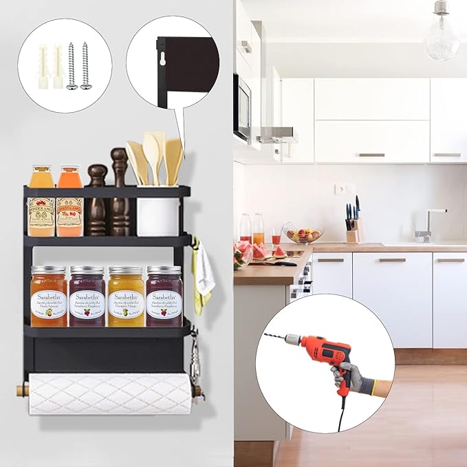 Magnetic Spice Rack for Refrigerator Magnetic Paper Towel Holder for Fridge Magnetic Shelf Magnetic Shelves Fridge Magnet Organizer Spice Rack Kitchen Organization Kitchen Storage Black