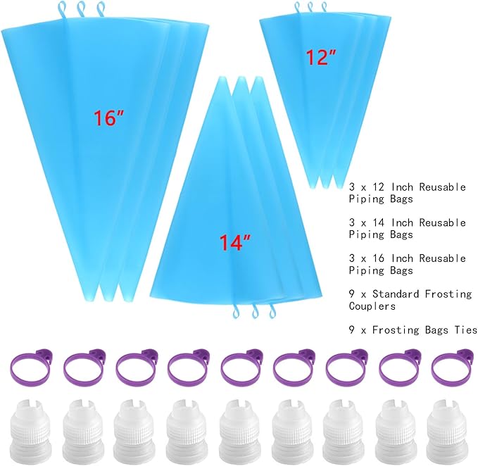 GEMLON Reusable Piping Bags Set – Silicone Pastry Bag, Icing Bag for Cake Decorating – Baking Tools Kit with 3X (12’’+14’’+16’’) Bags, 9 Tip Couplers, 9 Frosting Bag Ties, Cupcake Decorations Supplies