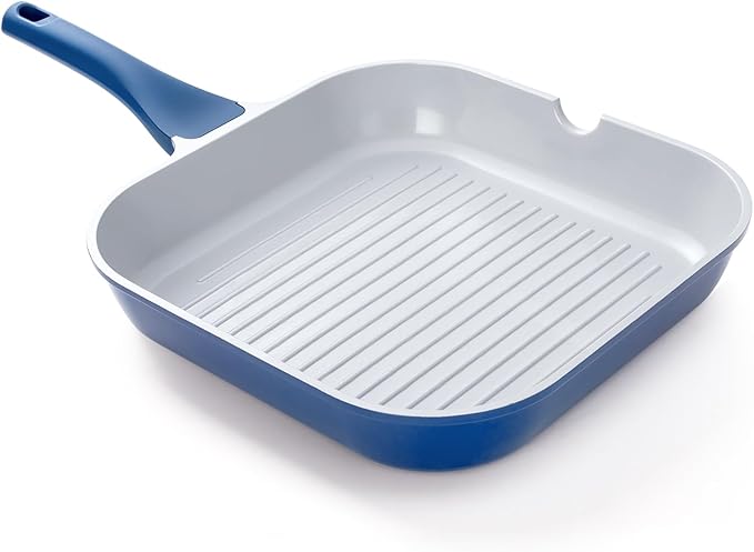 KOCH SYSTEME CS 9.5 Inch Nonstick Grill Pan for Stove Tops, Square Griddle Pan with Pour Spouts, Grill Pan for Indoor Cooking, Grill Skillet with Bakelite Handle, PTFE & PFOA Free, Blue