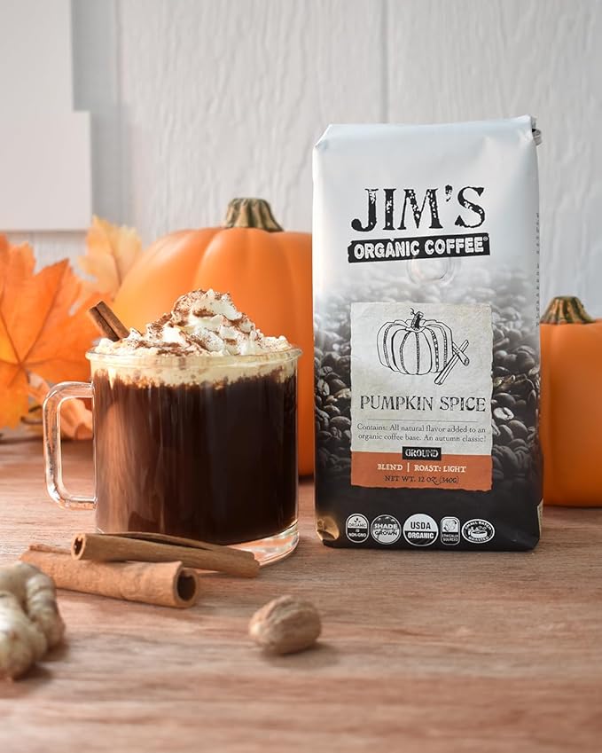 Jim’s Organic Coffee – Pumpkin Spice, All Natural Flavored Blend – Light Roast, Ground Coffee, 12 oz Bag