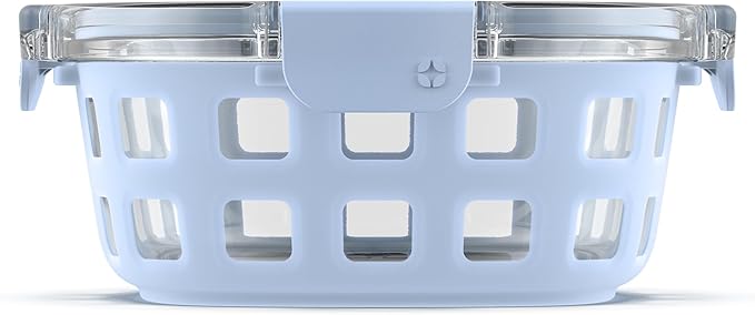 Ello Duraglass Meal Prep Container, 4 cup- Glass Food Storage Container with Silicone Sleeve and Airtight BPA-Free Plastic Lid, Dishwasher, Microwave, and Freezer Safe, Halogen Blue