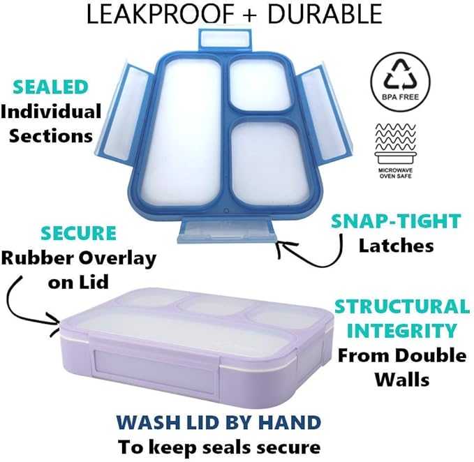 Bento Lunch Box for Kids or Adults, Snack Containers for Boys, Girls, School Daycare Work, 3 Divided Compartments Meal Planning Portion Control, BPA-Free Boxes, Utensils | Blue Purple 2 pack