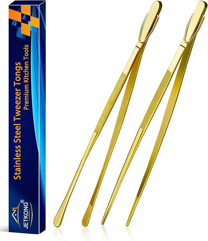 JETKONG 2 Pcs 12-Inch Cooking Tweezers Stainless Steel Food Tweezers Kitchen Tweezer Tongs (Gold)