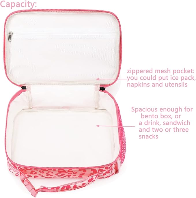 FlowFly Kids Lunch box with buckle Insulated Cooler Back to School Thermal Meal Tote Kit for Girls, Boys, Pink Cow