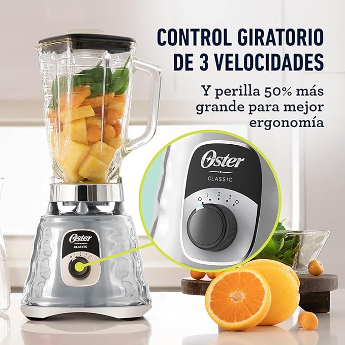Oster Original 3 Speed Chrome Blender, 6 Times more Durable Motor, 10 Times Stronger, 5 Cup Glass Jar