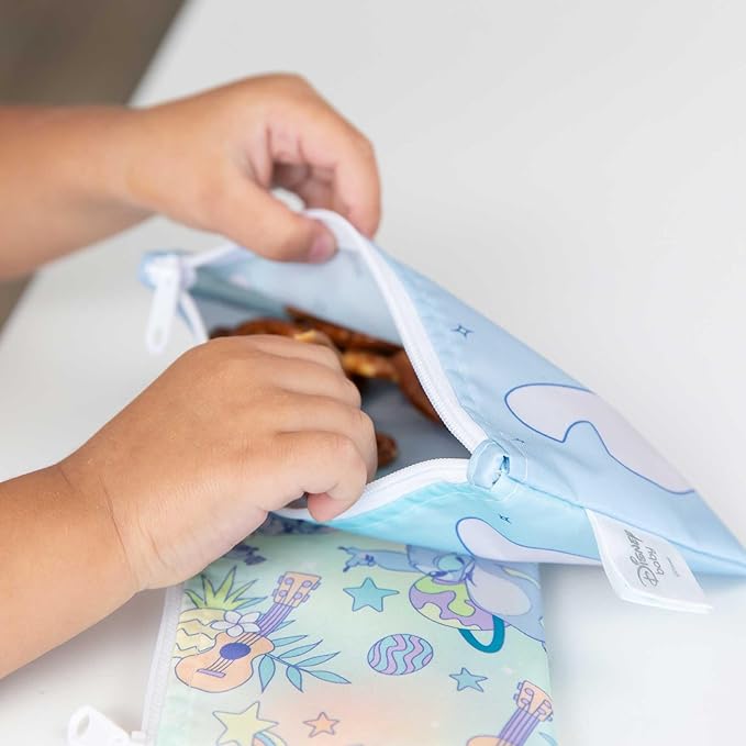 Bumkins Reusable Snack Bags, for Kids School Lunch and for Adults Portion, Washable Fabric, Waterproof Cloth Zip Bag, Supplies Travel Pouch, Food-Safe Storage, 2-pk Disney Stitch