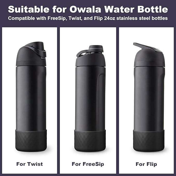 2PCS Silicone Water Bottle Boot for Owala 24oz, Protective Bottom Bumper Anti-Slip Sleeve for FreeSip, Twist, and Flip Stainless Steel Bottles, Dishwasher Safe and BPA Free(Black)