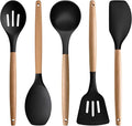 Silicone Cooking Utensils Set of 5, Heat Resistant Silicone Kitchen Utensils Set with Wooden Handle, BPA Free Spatula Spoon Turner Ladle Cooking Kitchen Gadgets for Nonstick Cookware & Baking