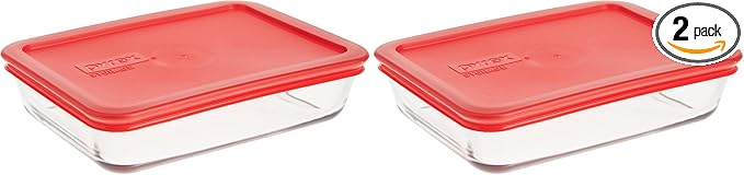 Pyrex 3-Cup Single Rectangular Food Storage Container with Lid, Non-Toxic, BPA-Free Lid, Tempered Non-Pourous Glass, Microwave, Dishwasher, Freezer and Oven Safe, Red (Pack of 2)