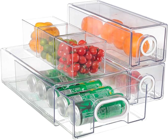 6 PCS Refrigerator Organizers And Storage Stackable Storage Drawers, Large Heavy Duty Fridge Organizer Bins Pull Out Refrigerator Organizer Bins, White Handle, 3 Drawers And 3 Small Cubes