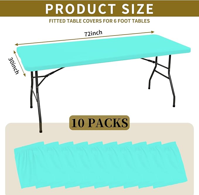 10 Pack Fitted Tablecloth for 6 Foot Rectangle Tables, Aqua Blue Elastic Outdoor Picnic Table Cover, Washable Stretch Folding Table Cloths 6 ft for Camping Party Patio Kitchen Banquet, 30" W x 72" L