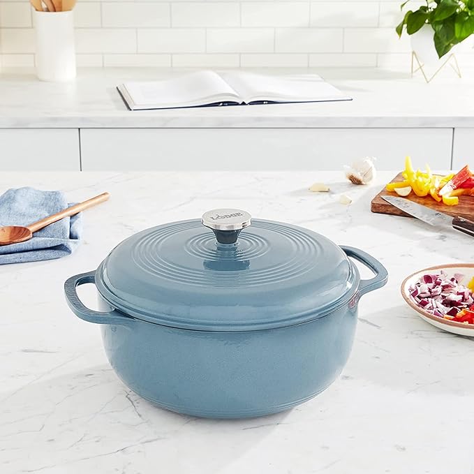Lodge 7.5 Quart Enameled Cast Iron Dutch Oven with Lid – Dual Handles – Oven Safe up to 500° F or on Stovetop - Use to Marinate, Cook, Bake, Refrigerate and Serve – Storm Blue