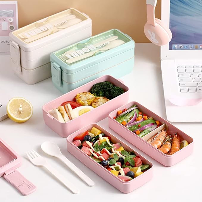 Iteryn Stackable Bento Box Kit, 3-Compartment Japanese Lunch Containers, Wheat Straw, All-in-1 Bento Lunch Box for Adult Meal Prep Snack