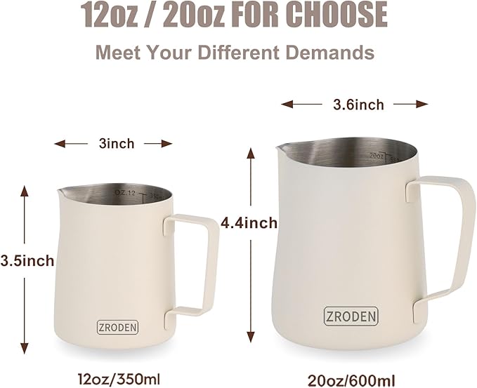 Milk Frothing Pitcher, 20oz Espresso Steaming Pitchers Stainless Steel Milk Coffee Cappuccino Barista Steam Pitchers Milk Jug Cup with Decorating Pen Latte Art, Matte White