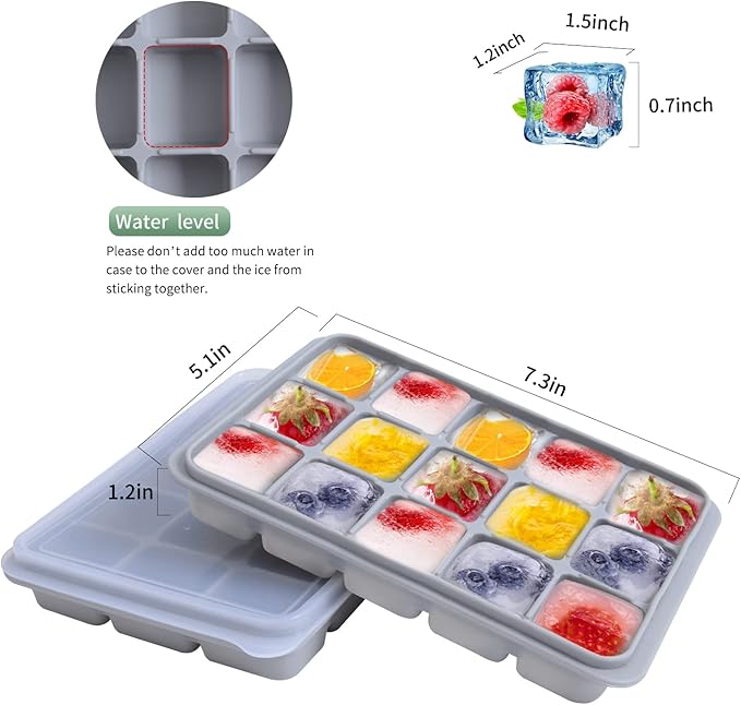Ice Cube Trays Set of 2, Easy Release 15 Flexible Silicone Ice Cube Molds with Removable Lid Reusable Freezer Ice Trays Stackable for Whiskey, Baby Food, BPA Free (SNOW GRAY)
