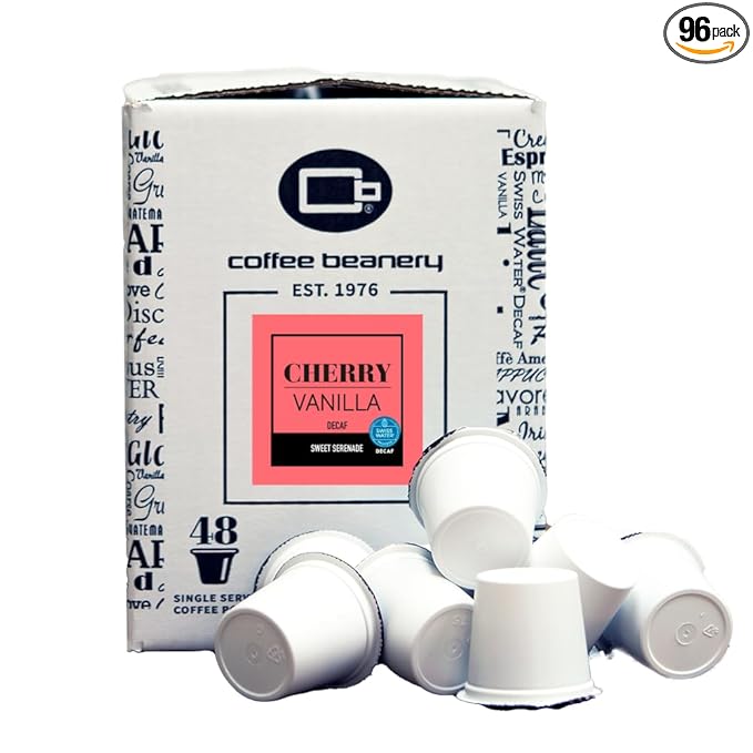 Cherry Vanilla Decaf Coffee Pods by Coffee Beanery | 96ct Bulk Flavored Decaf Coffee Pods Medium Roast Coffee