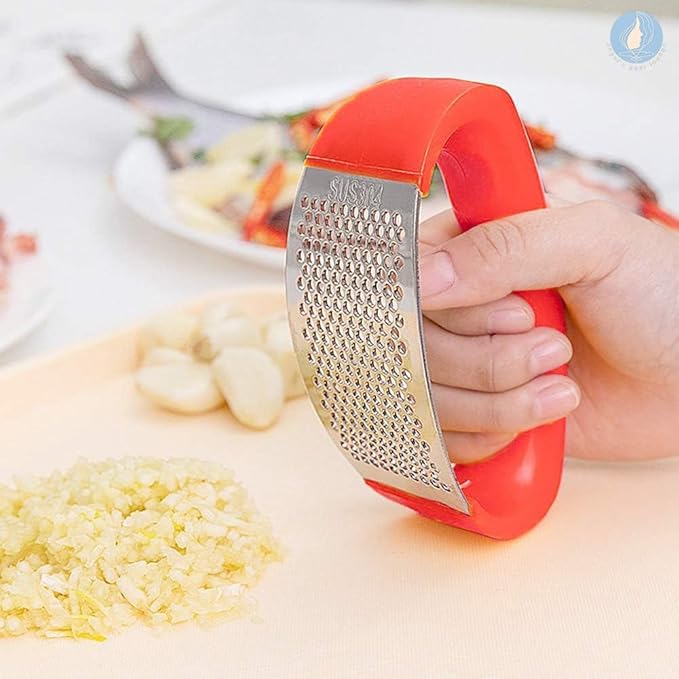Angel's Peel Lounge Stainless Steel Garlic Press Rocker Set with Silicone Garlic Peeler & Cleaning Brush – Garlic Chopper, Mincer, Grater, Crusher – Easy for Crushed Cloves – Rust-Resistant, Red