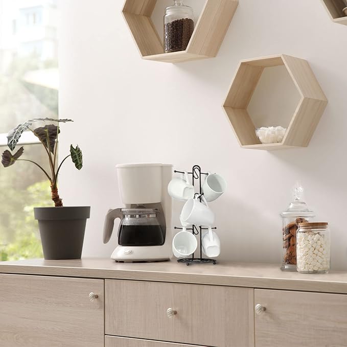 Blue Donuts Farmhouse Coffee Mug Rack, Coffee Mug Tree for 6 Mugs, Coffee Cup Holders for Counter, Black Coffee Cup Holder Countertop Organizer for Kitchen, Vintage Mug Rack