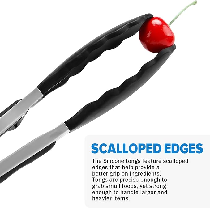 Kitchen Tongs for Cooking, 12 Inch Non Scratch Silicone Tip for Nonstick Cooking Pans, Food Grade Mini Serving Tongs, Pull Lock, Set of 3, Black