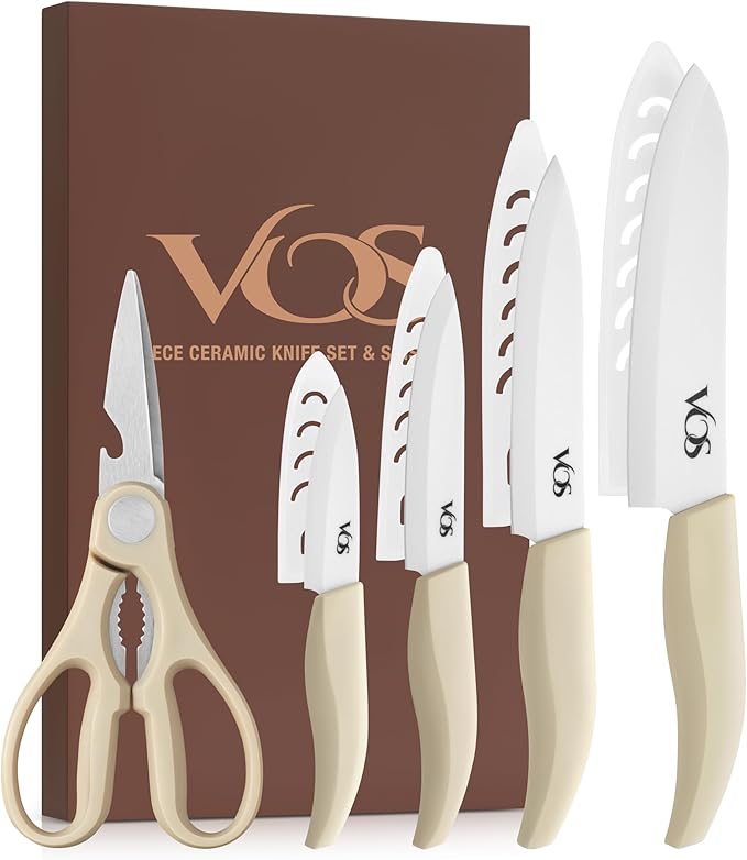 Vos Ceramic Knife Set in Elegant Gift Box, Ceramic Knives Set For Kitchen, Ultra Sharp Kitchen Knife Set & Covers, 3" 4" 5" 6" Paring, Santoku, utlity & Chef Knife, Scissors included (Off-White)