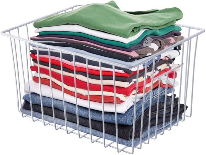 SANNO Freezer Baskests Organizer Bins, Freezer Wire Storage Basket Refrigerator Storage Baskets Bins Organizer with Built-in Handles for Cabinets, Pantry, Closets, Bedrooms - Set of 2 White