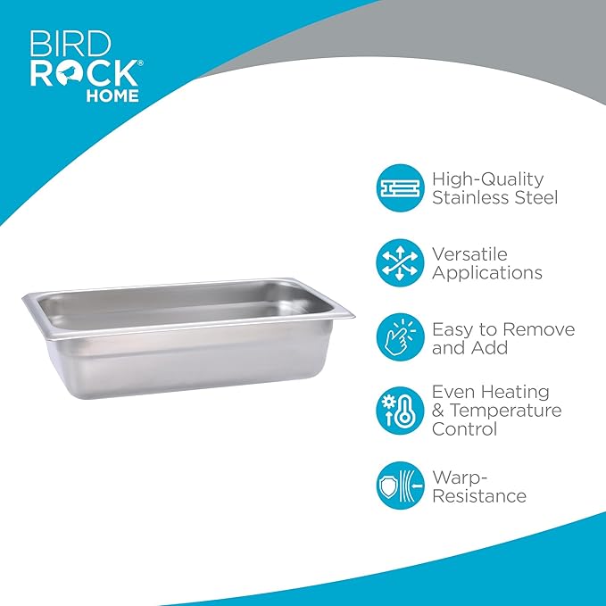 BIRDROCK HOME Stainless Steel Steam Table Pan - Hotel, Restaurant & Catering Supplies - 24 Gauge Steel, 2 qt Capacity - Meal Prep, Cooking, & Food Storage Container - 2.5" Depth, 1/4-Size (6 Pack)
