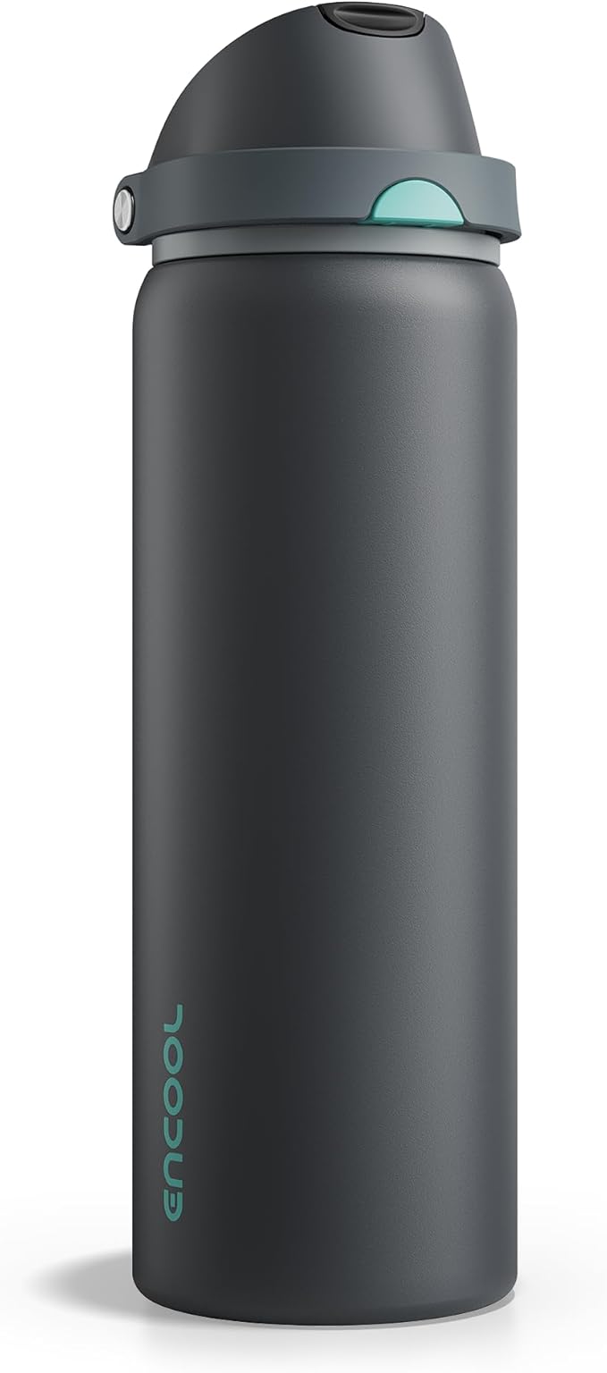 Insulated Water Bottle with Straw - Encool Stainless Steel Water Bottle with Push Button Lid, Leak-Proof & BPA-Free, Keeps Cold for 24 Hours for Sports, Travel, Gym (32 oz, Tuna Grey-Green)