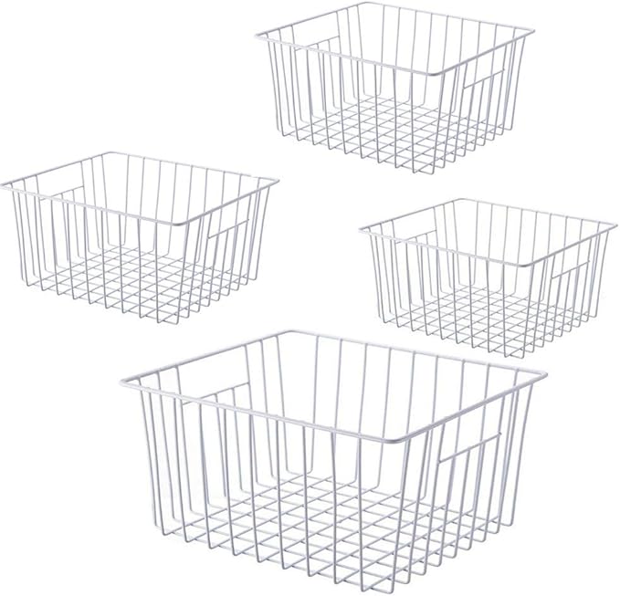 Freezer Wire Baskets, Kitchen Storage Organizer Bins for Chest and Upright Freezer, Refrigerator Dividers Containers with Handles - Pearl White (4)
