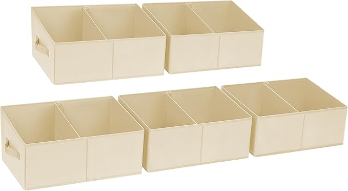 DIMJ Closet Storage Bins, 5 Pack Storage Baskets for Shelves, Foldable Closet Organizer with Handle, Linen Closet Organizers and Storage for Clothes, Toys, Towel, Books (Beige)