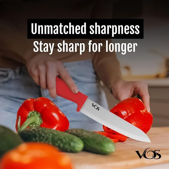 Vos Ceramic Knife Set with Peeler, Ceramic Knives Set For Kitchen, Ultra Sharp Kitchen Knife Set with Covers, 3" 4" 6" Paring, Utility & Chef Knife, Ultra Sharp, Lightweight, Dishwasher safe (Red)