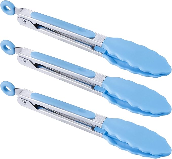 MSY BIGSUNNY Kitchen Food Tongs - 7" Mini Silicone Serving Tongs - Set of 3 (Blue)