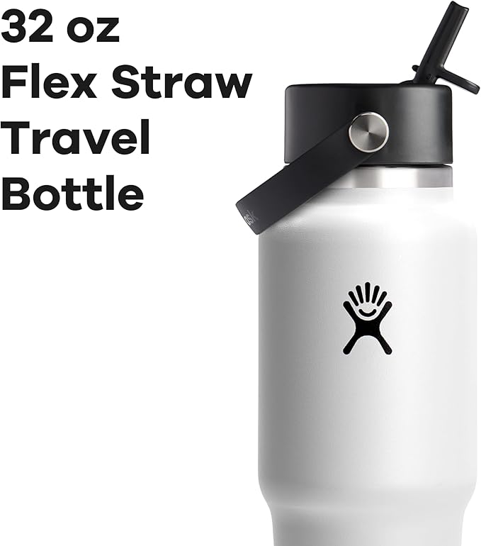 Hydro Flask Travel Water Bottle - Insulated Stainless Steel - Wide Straw Lid, Non Spill, Leakproof in 32 Oz White