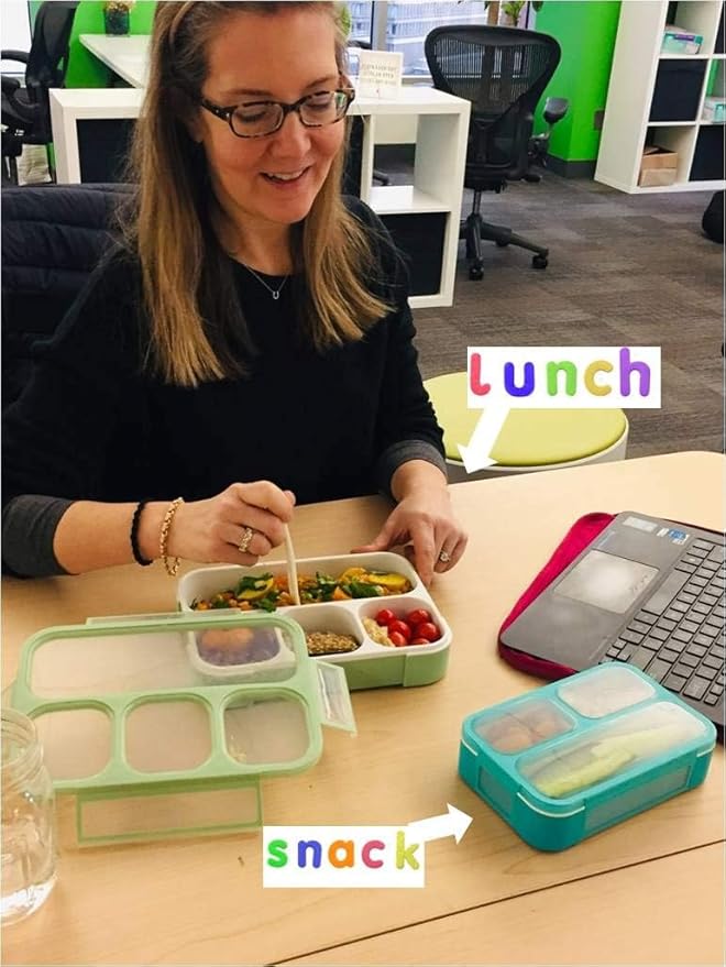 kinsho Bento-Box Lunch and Snack Boxes. Family Pack of 4 Meal Planning Portion Containers For Kids, Women, Adults. BPA Free. Utensils, Blue & Green Set (2 large + 2 Mini)