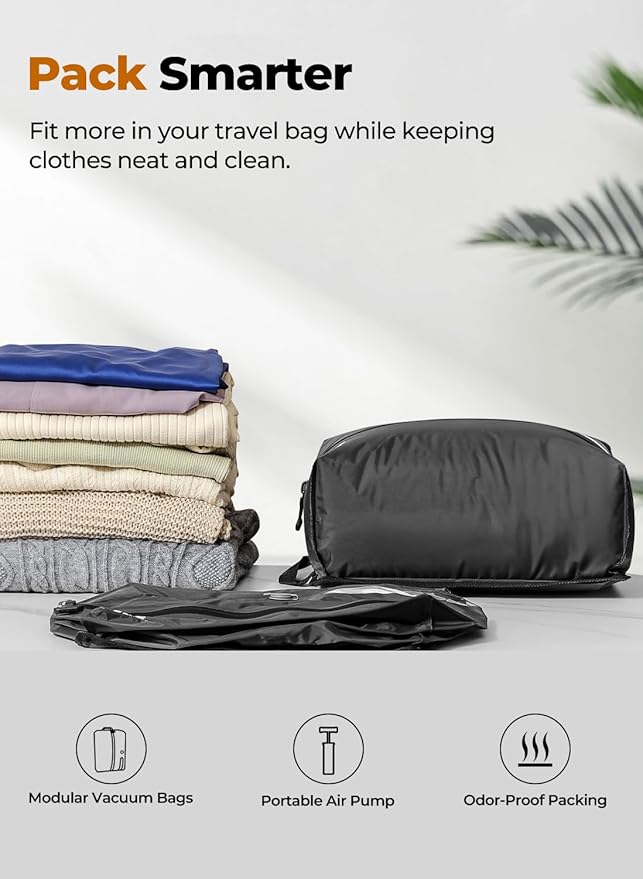 Vacuum Bags for Travel with Wireless Pump, IP67 Waterproof, Reusable Space Saver Compression Bags for Backpack, Suitcase, Home Storage(1 Pack + Pump)