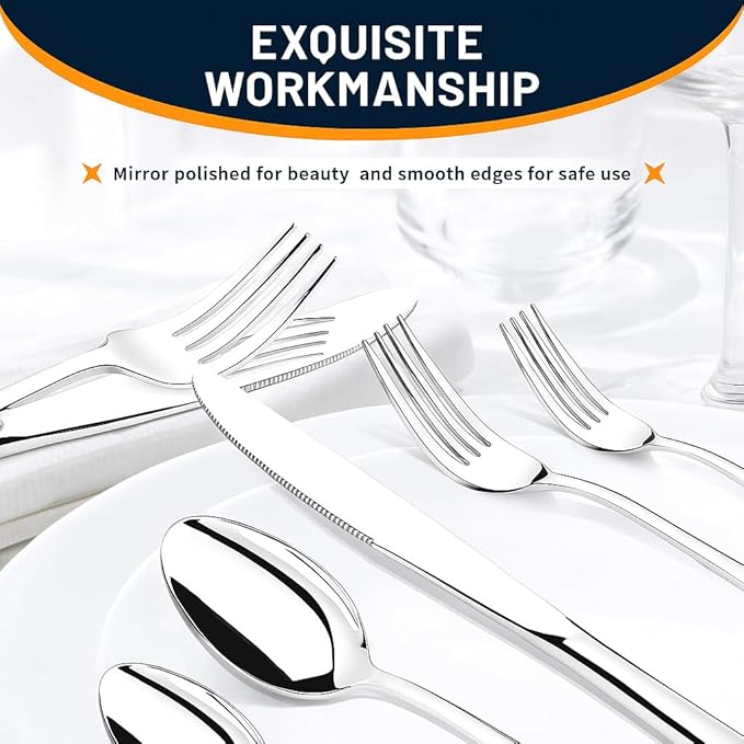 60 Piece Silverware Set for 12, Premium Stainless Steel Flatware Set, Eating Utensil Sets with Steak knives, Cutlery Tableware Service Include Fork Knife Spoon Set, Mirror Polished