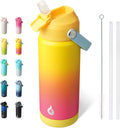 BJPKPK Insulated Water Bottle with Straw Lid, 18oz Thermo Water Bottles with Soft Nozzle, Flex Handle & Non-slip Boot, BPA Free Leak Proof Stainless Steel Metal Thermo, Tumblers, Cups,Rainbow