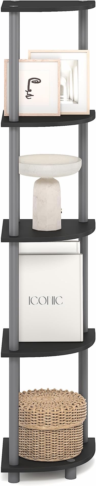 Furinno Turn-N-Tube Corner Shelf, 5-Tier Corner Bookshelf, Open Storage Shelves, for Organization and Storage, Living Room, Home Office, Garage, Bedroom, Plain Black