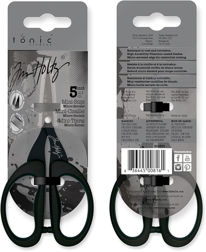 Tim Holtz Small Scissors - 5 Inch Mini Snips with Micro Serrated Blade - Craft Tool for Cutting Paper, Fabric, and Sewing - Titanium with Black Comfort Grip Handles