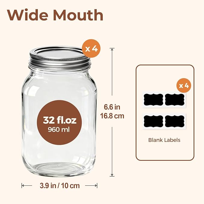 ComSaf Wide Mouth Mason Jars 32 oz with Lids 4 Pcs, Quart Mason Jars with Seal Band, Large Glass Jar, Big Canning Containers for Pickles, Jams, Sauces, Salsa, Sourdough, Juice, Suntea, Food Storage