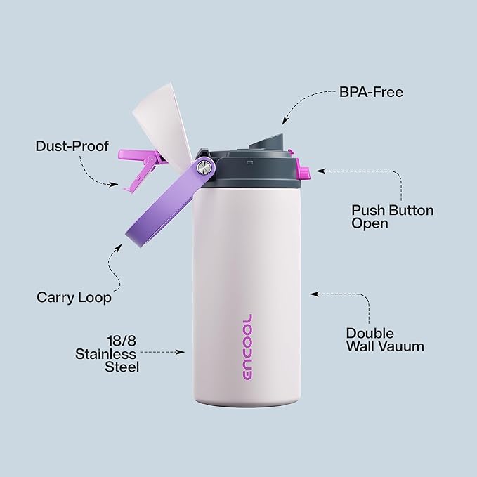 Insulated Water Bottle with Straw - Encool Stainless Steel Water Bottle with Push Button Lid, Leak-Proof & BPA-Free, Keeps Cold for 24 Hours for Sports, Travel, Gym (18 oz, Oyster Pink)