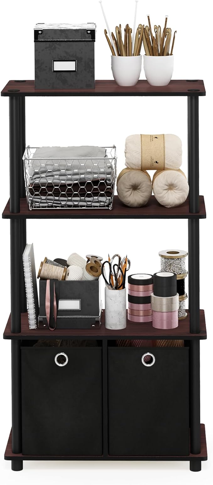 Furinno NW889DC/BK Go Green 4-Tier Multipurpose Storage Rack w/Bins, Dark Cherry/Black