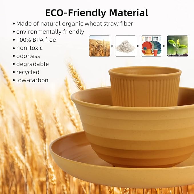 Wheat Straw Dinnerware Sets 36 Piece Unbreakable Dinnerware Sets, Reusable Wheat Straw Plates and Bowls Sets, Travel Camping Cutlery Set, Dishwasher Microwave Safe Dinnerware Colourful