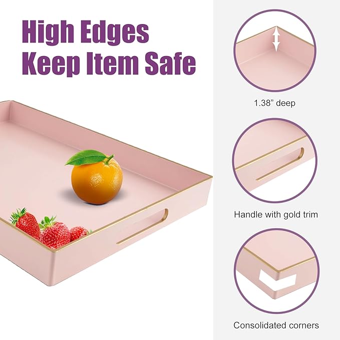 Gifturbo Pink Large Serving Tray with Handles，Rectangular Plastic Elegant Decorative Coffee Table Tray for Ottoman, Living Room, Bathroom, Home Decor, Vanity Trays with Gold Trimming, 15.7” x 11.8”