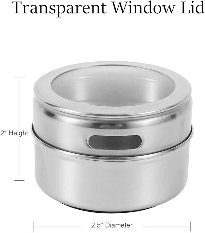 Upgrade Magnetic Spice Jars 12pcs with Wall Mounted,Stainless Steel Spice Tins with Lid and Small Holes for Sprinkle Rust Free Easy to Clean Includes 94 Labeling Stickers by Beeyoka